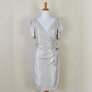 RALPH LAUREN Womens Silver Metallic "Palette Look" Surplice Dress Size 12